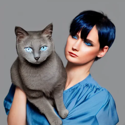 Prompt: A beautiful woman with blue short hair with bangs holding a grey and white cat, full body portrait, highly detailed, excellent composition, dramatic lighting, realistic 4k