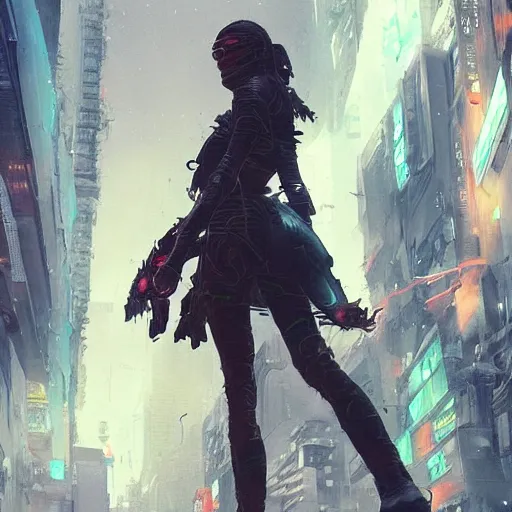 Prompt: a beautiful picture of a cyberpunk rogue walking in a crowded city by greg rutkowski and katsuhiro otomo trending on artstation