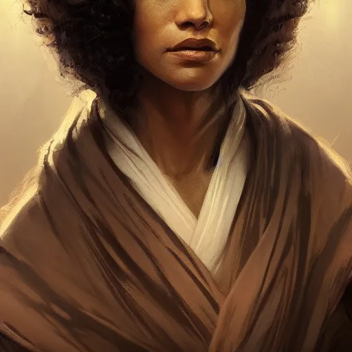 Image similar to portrait of a woman by greg rutkowski, youn jedi knight, black, afro hair, prettt, star wars expanded universe, she is about 2 0 years old, wearing jedi robes, highly detailed portrait, digital painting, artstation, concept art, smooth, sharp foccus ilustration, artstation hq