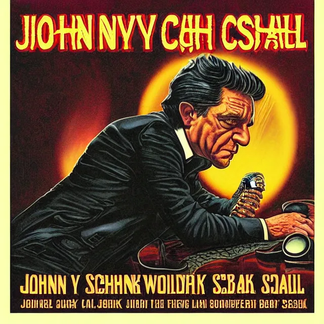 Prompt: album cover for Johnny Cash: The Snake Oil Tapes, album art by Ron Walotsky, snake oil album, snakes, no text