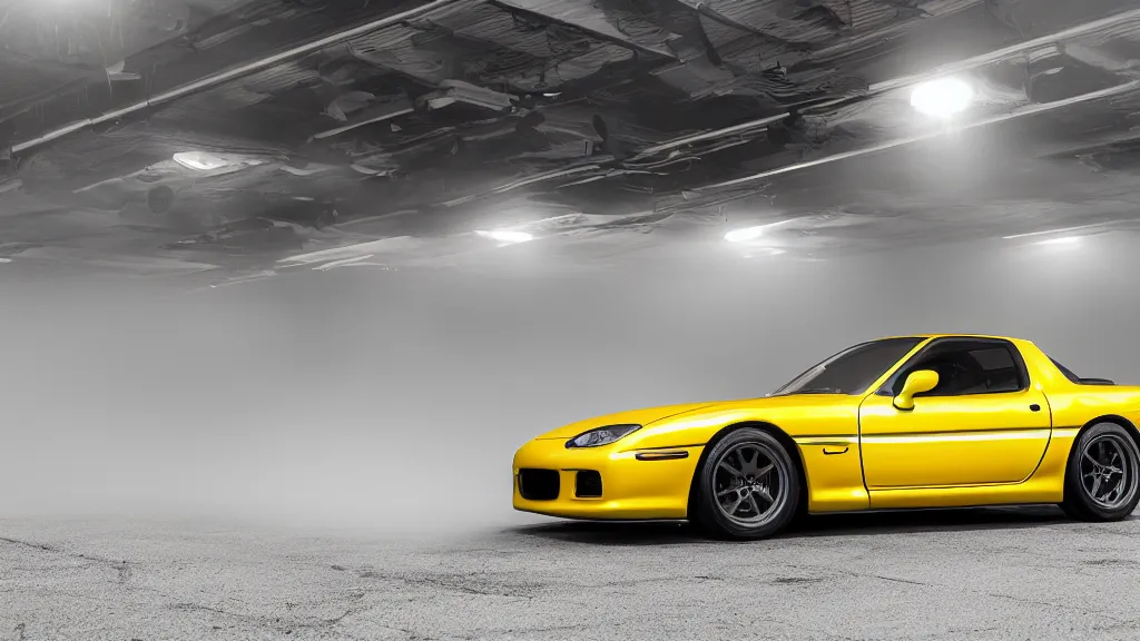 Prompt: a yellow mazda rx 7 with body kit, cinematic, nikon d 7 5 0, long exposure, white balance, 8 k, led, lumen global illumination, fog, ray tracing reflections, fxaa, rtx, post - production