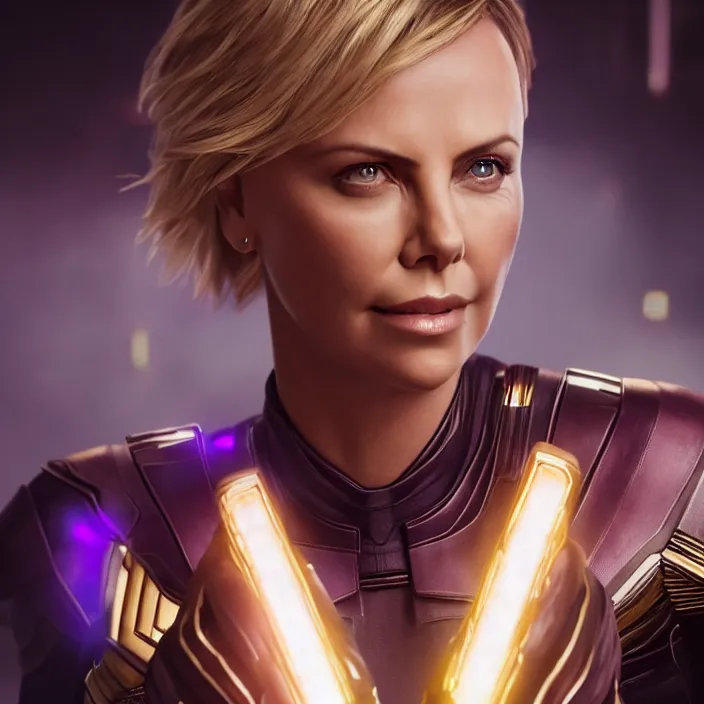 Image similar to portrait of ((Charlize Theron)), wearing The Infinity GAUNTLET. THANOS SNAP. intricate artwork. octane render, trending on artstation, very coherent symmetrical artwork. avengers. thanos. cinematic, hyper realism, high detail, octane render, 8k, iridescent accents