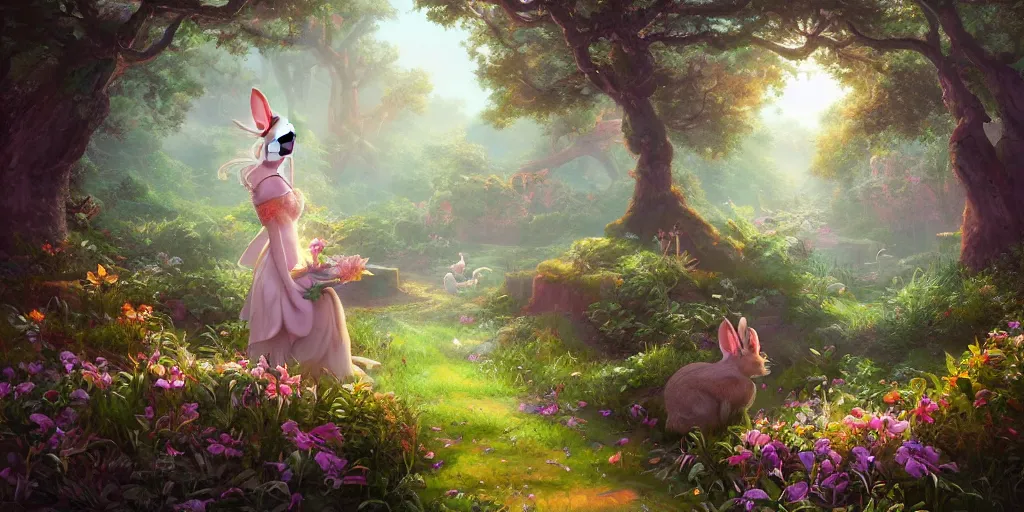 Prompt: Rabbit princess in an enchanted garden, trending on artstation, 30mm, by Noah Bradley