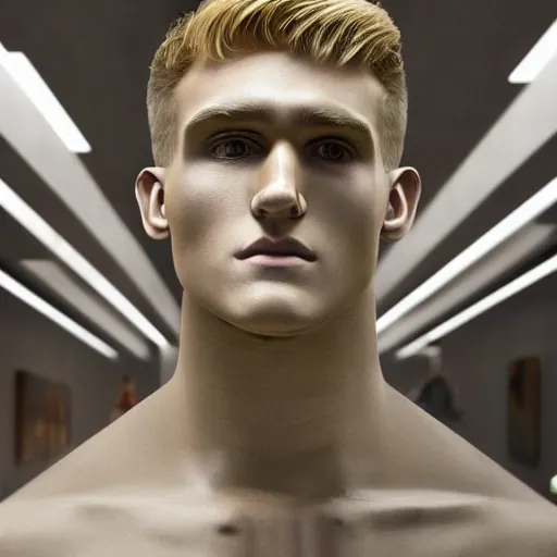 Image similar to a realistic detailed photo of a guy who is an attractive humanoid who is half robot and half humanoid, who is a male android, boxer and youtuber jake paul, shiny skin, posing like a statue, blank stare, at the museum, on display