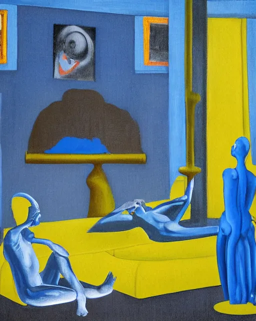 Image similar to blue people talking and a lonely dark figure seated on a throne with clouds at dark and yellow art deco interior room in the style of Francis Bacon, open ceiling, highly detailed, painted by Francis Bacon and Edward Hopper, painted by James Gilleard, surrealism, airbrush, art by James Jean