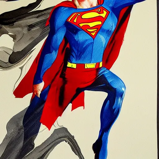 Image similar to photorealistic picture, by bob peak and alex ross, bloody superman, gouache and wash paints, fine details, fine intricate, fine facial proportionate, fine body proportionate, fine fix broken line, fine fix duplicate line, smooth shar focus, sharp focus