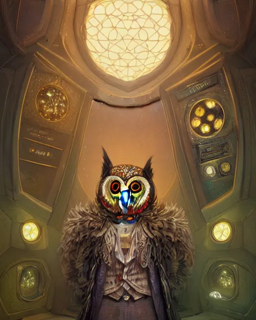 Image similar to anthropomorphic art of a timelord owl inside tardis, victorian inspired clothing by artgerm, victo ngai, ryohei hase, artstation. fractal papersand books. highly detailed digital painting, smooth, global illumination, fantasy art by greg rutkowsky, karl spitzweg, doctor who