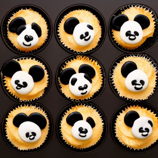 Image similar to cupcakes in the shape of pandas, food photography, centered, bokeh, studio lighting