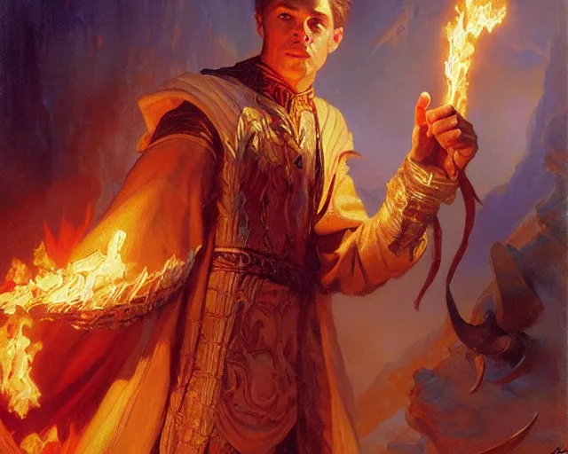 Image similar to attractive male wizard casting powerful fire spell. highly detailed painting by gaston bussiere, craig mullins, j. c. leyendecker 8 k