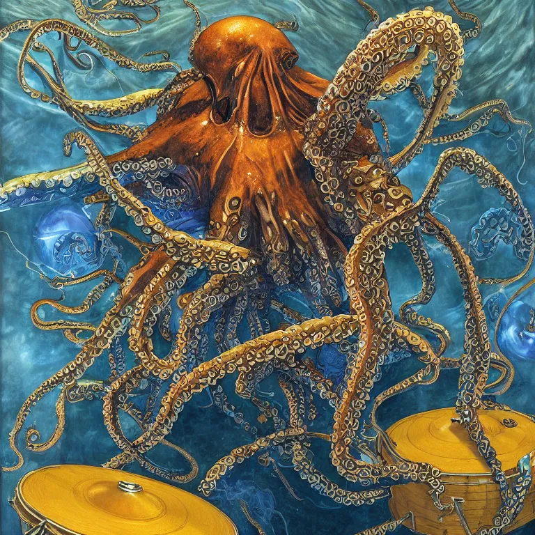 Image similar to a beautiful vinyl cover by donato giancola of an octopus playing drums and telecaster guitar in an electronic concert, dark background, concert light, dark mood, cold blue lights