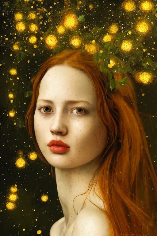 Prompt: a happy a young woman, among the lights of golden fireflies and nature, long loose red hair, intricate details, green eyes, freckles on the nose, round gentle face, full figure portrait, sophisticated dress, golden ratio, high contrast, photorealistic digital art by artemisia lomi gentileschi and caravaggio and tomacz alen kopera.