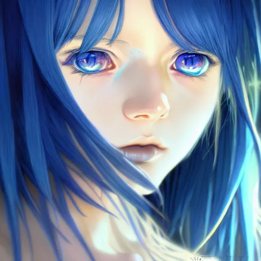 Image similar to attractive long blue - haired girl with bangs gothic anime character with / amber eye color gold / fantasy, screenshot, anime, sharp focus, intricate, illustration, cell shaded, digital painting, highly detailed, concept art, art by ilya kuvshinov and kyoto animation and wlop, and greg rutkowski, studio quality, james jean, artem demura