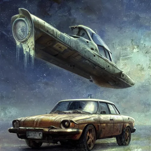 Prompt: vintage, old, rusty, ussr, soviet car, iz 2 1 2 5!!!, as a realistic scifi spaceship!!!, wide angle shot art by donato giancola and greg rutkowski, vintage retro scifi, realistic space, digital art, trending on artstation, symmetry!!!