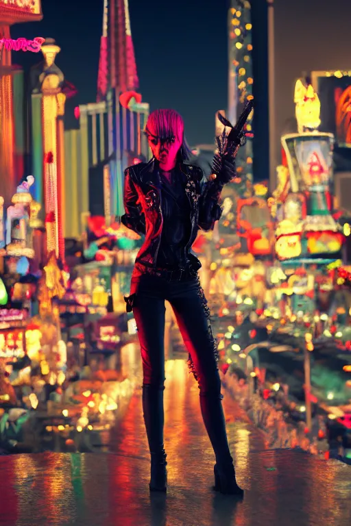 Prompt: full body portrait of a blood punk vampire, background of las vegas strip at night, cinematic, hyper realism, high detail, octane render, 8k, cgsociety