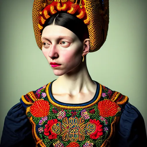 Image similar to Colour Caravaggio style full body portrait Photography of Highly detailed beautiful Woman wearing detailed Ukrainian embroidery folk costume designed by Taras Shevchenko with 1000 years perfect face wearing highly detailed retrofuturistic VR headset designed by Josan Gonzalez. Many details In style of Josan Gonzalez and Mike Winkelmann and andgreg rutkowski and alphonse muchaand and Caspar David Friedrich and Stephen Hickman and James Gurney and Hiromasa Ogura. Rendered in Blender and Octane Render volumetric natural light