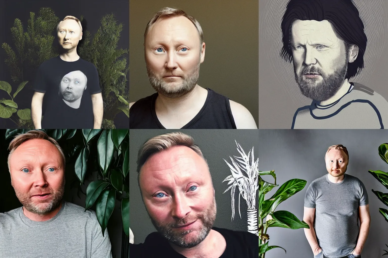 Prompt: a white man with dark grey hair that looks exactly like limmy wearing a grey tshirt in a dark grey room with a houseplant behind him, 18th century painting, visually stunning