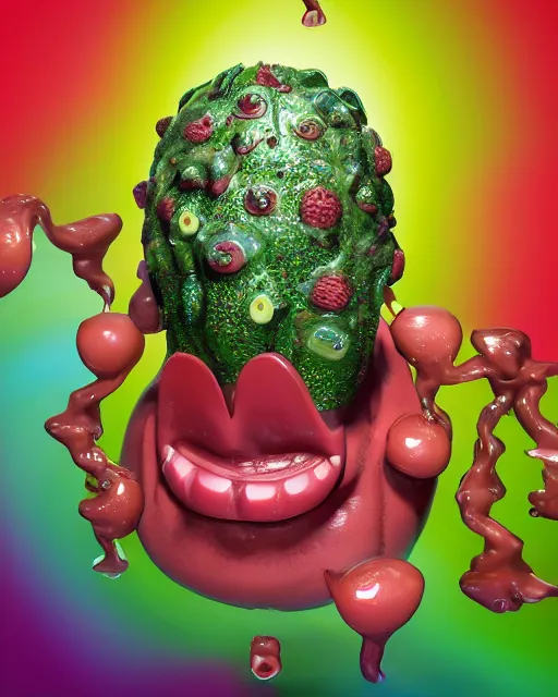 Prompt: a funny sculpture of a squashed human kiwi head monster with a transparent head made out of frait, fruit juice, funny face, water art, vibrant, in the style of mike campau, cg render, ray tracing, 8 k resolution, sharp