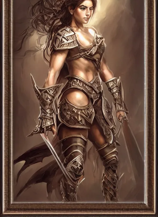 Prompt: a professionally painting of an attractive young girl, partially clothed in battle armor, olive skin, long dark hair, beautiful bone structure, perfectly proportioned, nubile body, symmetrical facial features, intricate, elegant, heroic pose, digital painting, concept art, smooth, sharp focus, finely detailed, beautifully framed, from the game Diablo, in the style of Artgerm and Greg Rutkowski and William-Adolphe Bouguerea