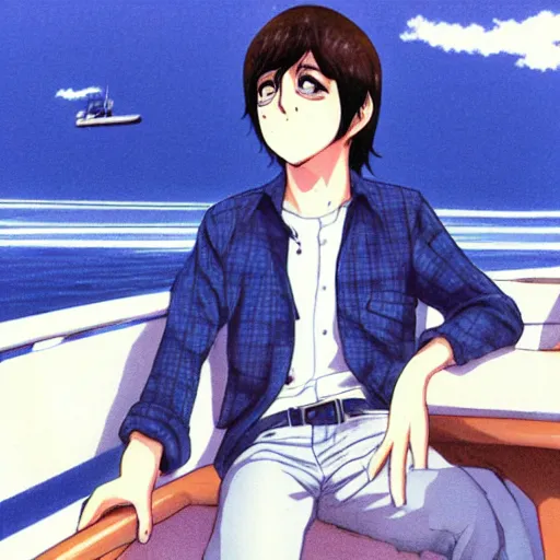 Image similar to anime illustration of young Paul McCartney from the Beatles, wearing a blue and white check shirt, on a yacht at sea, smiling at camera, white clouds, ufotable