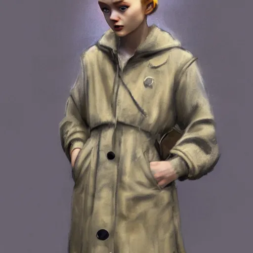 Prompt: a highly detailed epic cinematic concept art CG render digital painting artwork costume design: Sadie Sink, pixie cut, in a used 1950s man's coat and hoodie. muted grey colors with tiny yellow accents. By Greg Rutkowski, Ilya Kuvshinov, WLOP, Stanley Artgerm Lau, Ruan Jia and Fenghua Zhong, trending on ArtStation, made in Maya, Blender and Photoshop, octane render, excellent composition, cinematic atmosphere, dynamic dramatic cinematic lighting, aesthetic, very inspirational, arthouse