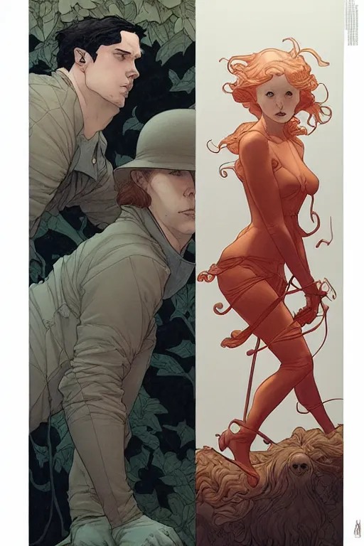 Prompt: artwork by James Jean, Phil noto and Rebecca guay of a handsome man and a beautiful woman back to back