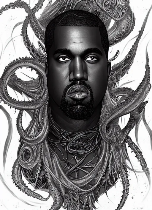 Image similar to portrait of Kanye as a large Lovecraftian monster, fantasy, intricate, elegant, highly detailed, digital painting, artstation, concept art, smooth, sharp focus, illustration, art by artgerm and greg rutkowski