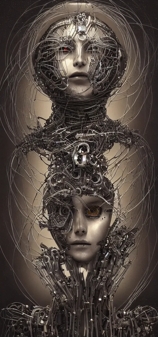 Prompt: female robot pilot, mechanical creature, electronic wires relays computer nerves, girl face, dystopian surrealism, alex ries zdzisław beksinski giger, very intricate details, demon chinese female, deep luminous eyes contain galaxies, head contains nebula, deep aesthetic, concept art, carved silver circuits diodes resistors semiconductors, highly ornate