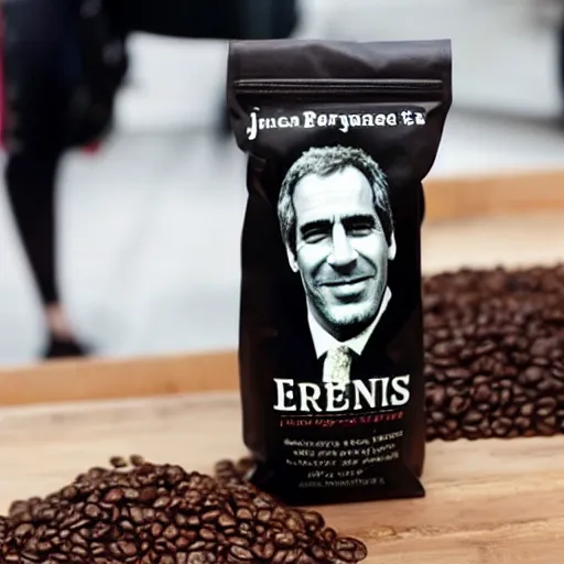 Image similar to A bag of coffee beans with Jeffrey Epstein depicted on the front