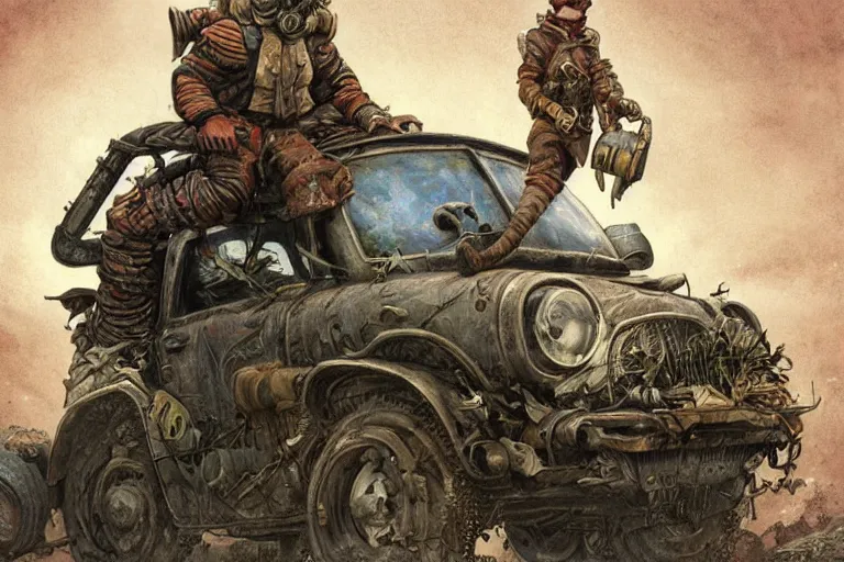 Prompt: a highly detailed garden gnome wearing goggles and head scarf hanging off the back of a car as its speeding down the highway, wasteland, post - apocalyptic road warrior vibe, full body, wide angle, an ultrafine detailed painting by p. craig russell and barry windsor - smith, trending on deviantart, octane, masterpiece