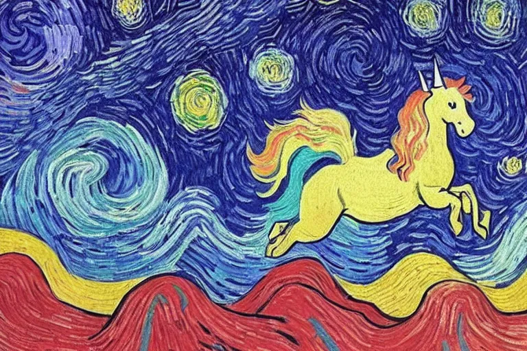 Prompt: rainbow unicorn flying in space by van gogh