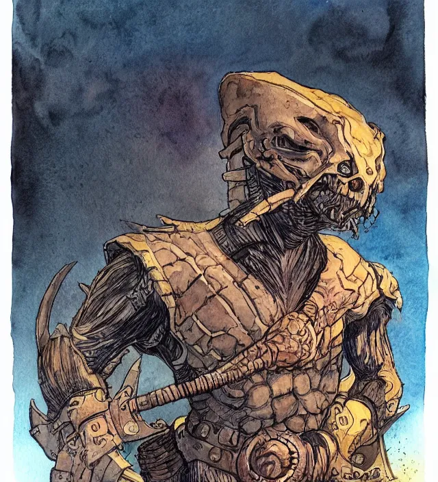 Prompt: a 3 / 4 view watercolor ink painting of human / deathclaw hybrid as a raider / bandit in the style of jean giraud in the style of moebius trending on artstation deviantart pinterest detailed realistic hd 8 k high resolution