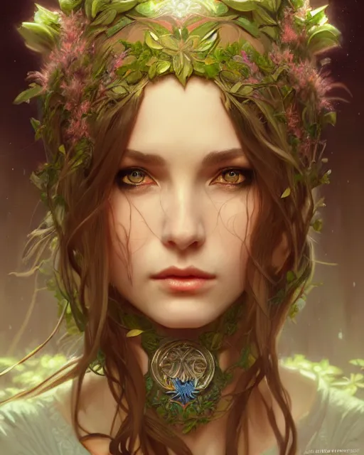 Image similar to beautiful female druid, portrait, fantasy, young, detailed, sketch, intricate, leaves and simple cloth, dynamic lighting, digital art, digital painting, artstation, wlop, sharp focus, illustration, art by artgerm and greg rutkowski and alphonse mucha, 8 k