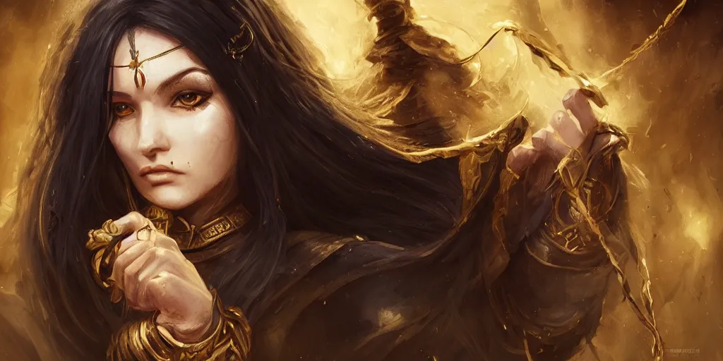 Image similar to a young priestess with long black hair weavering golden string of magic, barroque painting, ultra realistic. cinematic, dynamic. magic the gathering style. epic fantasy, insanely detailed, 4k, symmetrical face, rpg character reference. cinematic light