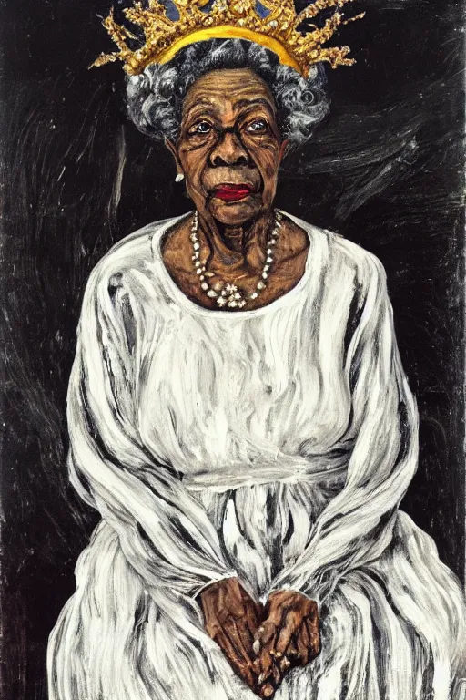 Image similar to a painted portrait of an elderly black lady with grey curly hair, wearing a crown and clothing of Queen Elizabeth the second, painted by Lucian Freud, oil on canvas, expressive, impasto