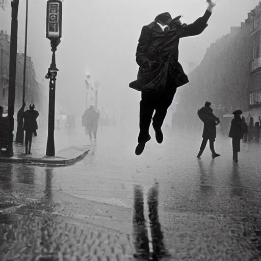 Image similar to the man leaping in a raining paris street, by henri cartier bresson,