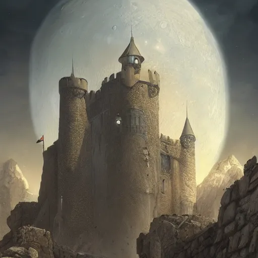 Prompt: hyperrealist portrait of a medieval castle on the Moon by Cedric Peyravernay, highly detailed, excellent composition, cinematic concept art, dramatic lighting