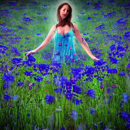 Image similar to epic realistic photo human body made of blue wild flowers