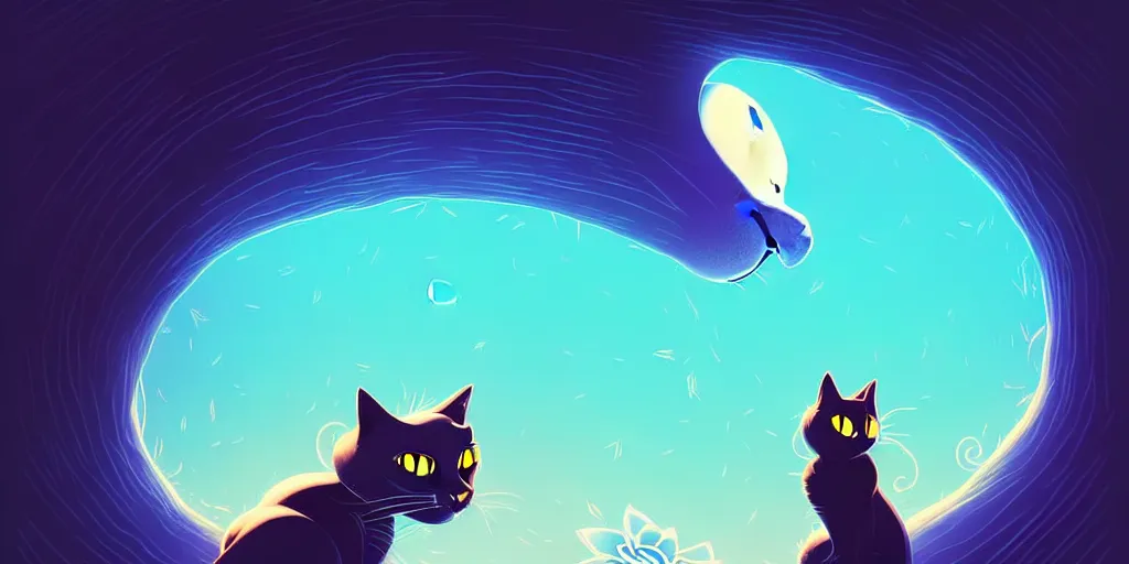 Image similar to curved perspective, extreme narrow, extreme fisheye, digital art of a big female black cat with white spot with blue flower by anton fadeev from nightmare before christmas