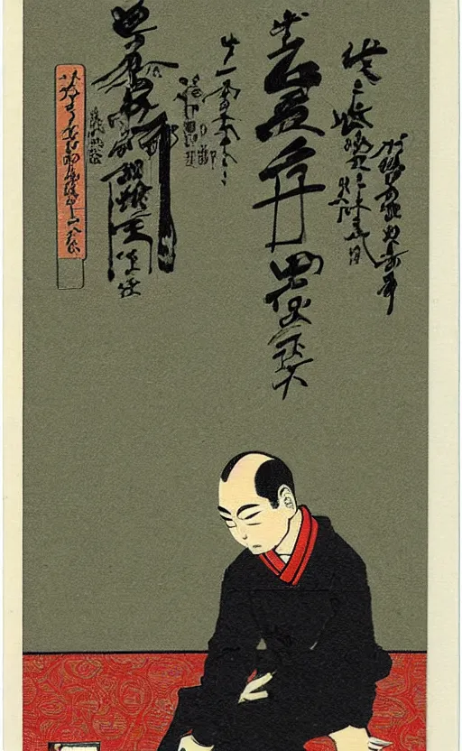 Prompt: by akio watanabe, manga art, alone male calligrapher inside modern japanese room, trading card front, realistic anatomy