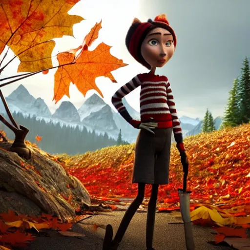 Image similar to a stopmotion animation character, a beautiful canadian woman, gardening, very attractive, some dark grey hair, stripey pants, canadian maple leaves, mountains, autumn, unreal engine 5, 8 k, kubo and the two strings, jan svankmayer, disney, pixar,