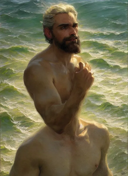 Image similar to detailed cinematic wide shot of muscular attractive young portuguese man beard slim face symmetrical face tanskin green eyes white hair wearing sea clothes, ultra realistic, spring light, painting by gaston bussiere, craig mullins, j. c. leyendecker