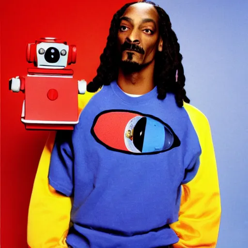 Prompt: Snoop Dogg holding a robot for a 1990s sitcom tv show, Studio Photograph, portrait, C 12.0