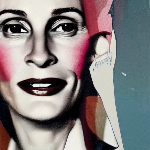 Image similar to !dream portrait of Julia Roberts looking like Andy Warhol wearing a silver coat. Background has many dancing colorfull seagulls flying around, hypermaximalistic, high details, cinematic, 8k resolution, beautiful detailed, insanely intricate details, artstation trending, octane render, unreal engine