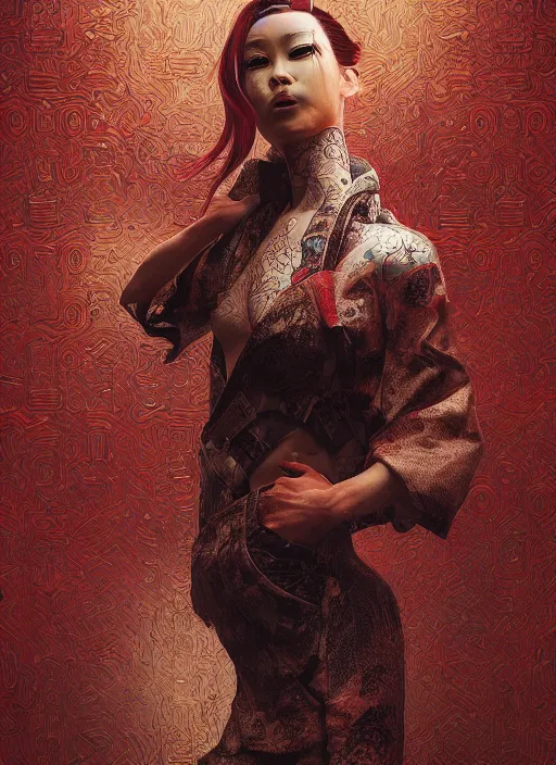 Image similar to portrait of a seductive cyberpunk geisha yakuza, imari, modern fine art, fractal, in the style of bladerunner, intricate ornaments, elegant, highly detailed, digital photography, subsurface scattering, by mc escher and greg rutkowski,