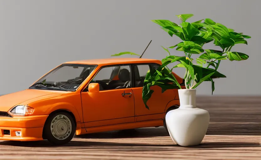 Prompt: a small miniature of a orange Toyota Corolla KE20 on a white table near a book and a vase with a plant, hyperrealistic, concept art, octane render, unreal engine 5, path tracing, complementary colors, calm, relaxing, serene, product photo, centered, symmetrical
