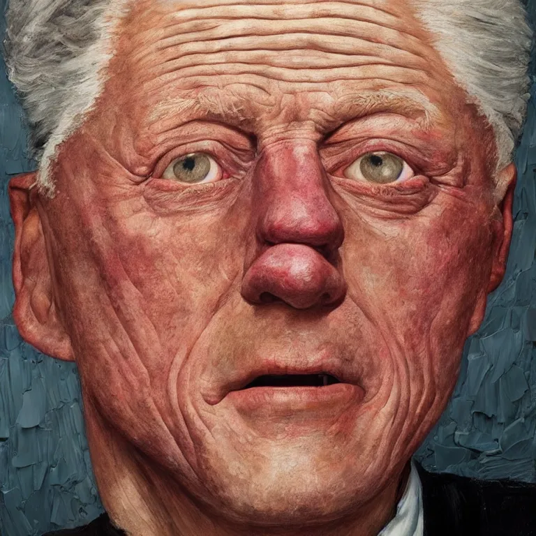 Image similar to hyperrealistic close up studio portrait of aging old Bill Clinton age 85 wrinkled weeping, oil painting by Ivan Albright and Lucian Freud and Ron Mueck, trending on artstation Studio lighting hyperrealism