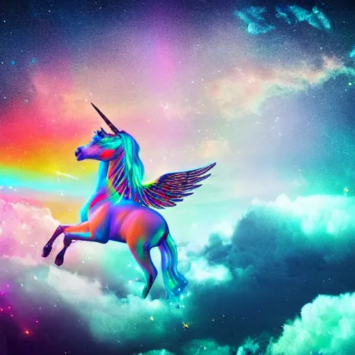 Image similar to 8 k capture scan of a iridescent unicorn with wings dancing in a garbage dump, the sky has the milky way, high textured, conceptual, intricate detailed photography, illustration sharp