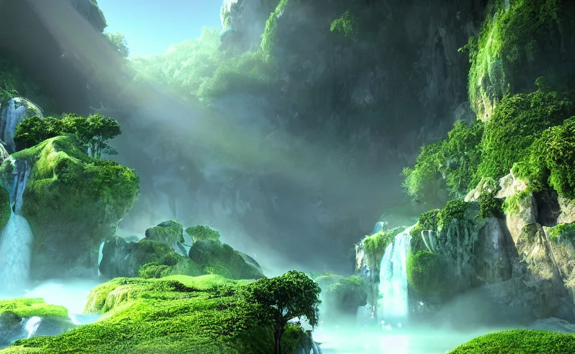 Image similar to a beautiful and stunning professional digital artwork of a humongous pyrite cave, haze, waterfall, volumetric lighting, hyperrealistic, green, blue, sunset, unreal engine 5, ultra detail