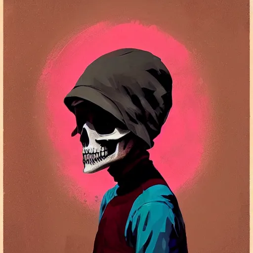 Prompt: a portrait of a girl skull face, in the style of banksy, atey ghailan and steve mccurry, vibrant colors and hard shadows and strong rim light, comic cover art, trending on artstation