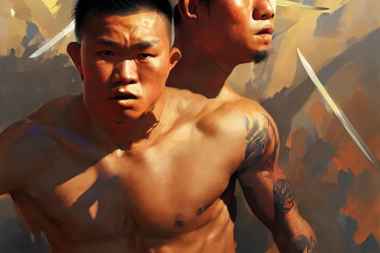 Prompt: greg manchess portrait of a filipino mma fighter sword dash, sunny day, matte painting, bold shapes, hard edges, street art, trending on artstation, by huang guangjian, gil elvgren, ruan jia, randy vargas, greg rutkowski